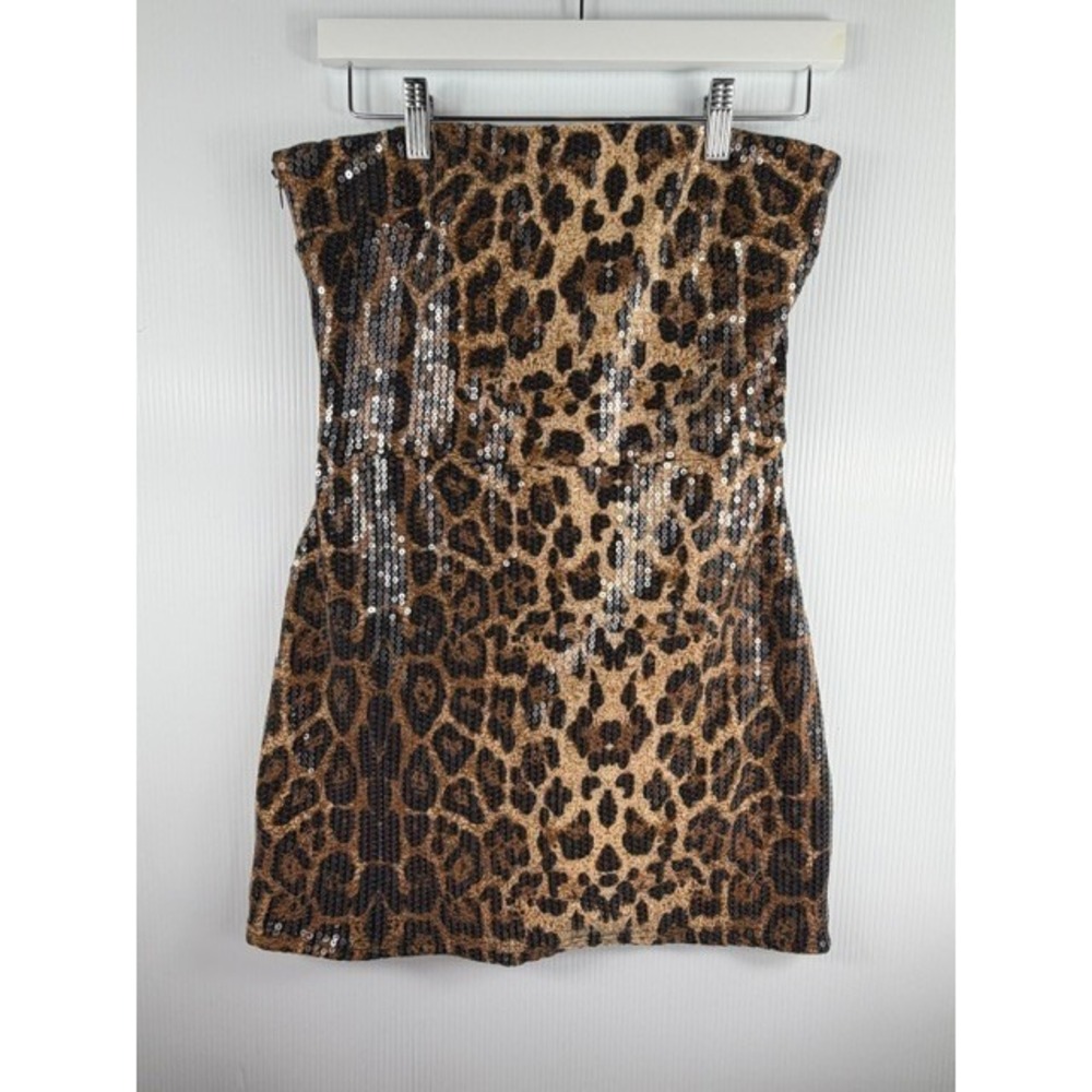 Sequin Leopard Print Tube Mini Dress Womens Large Strapless Party Y2K Clubwear - Picture 2 of 11